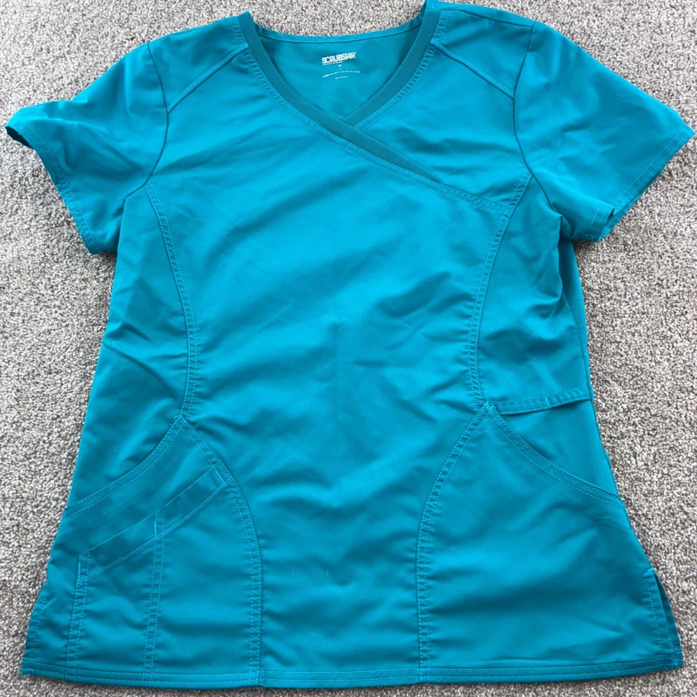 Scrubstar‎ Teal Wrap Scrub Top Womens Medium Medical Uniform Short Sleeve